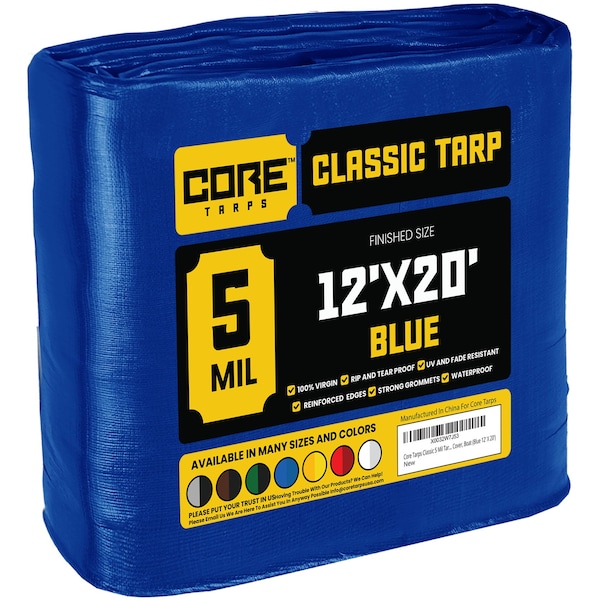 Core Tarps Heavy Duty Tarp, 20 ft L x 0.5 mm H x 12 ft W, 5 Mil, Blue, Polyethylene CT-505-12X20 - main